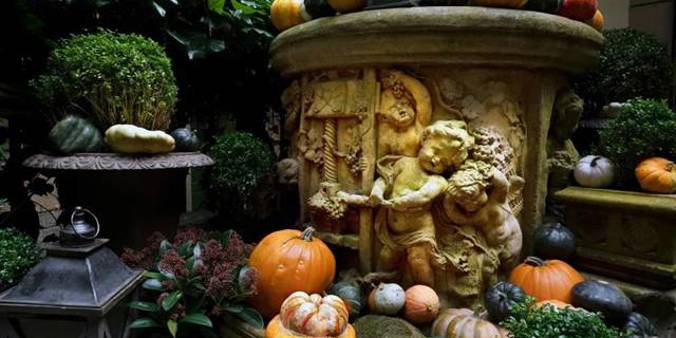 The famous pumpkin display at the entrance to The Witchery