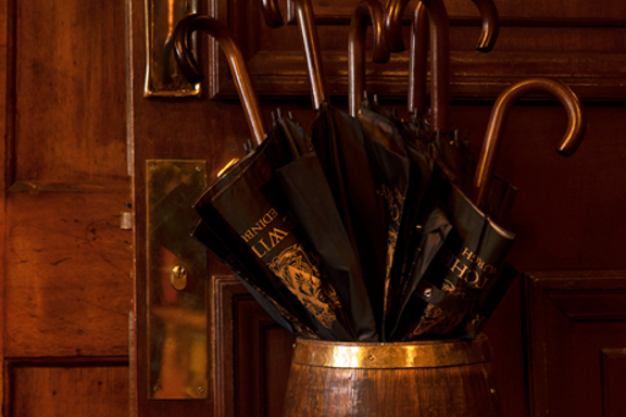 Bespoke umbrella sat in an old wooden umbrella stand