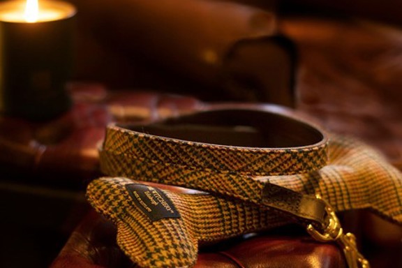 Tweed dog lead and bone sat by the fireplace