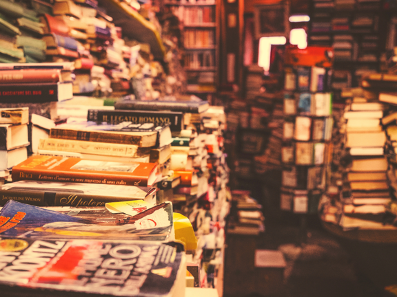 Piles of old books in bookstore in Edinburgh 