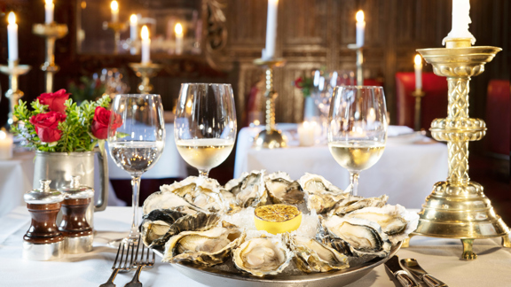 Plate of seafood and wine at The Witchery Edinburgh