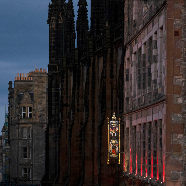 Picture of the Witchery Sign in Edinburgh at night time