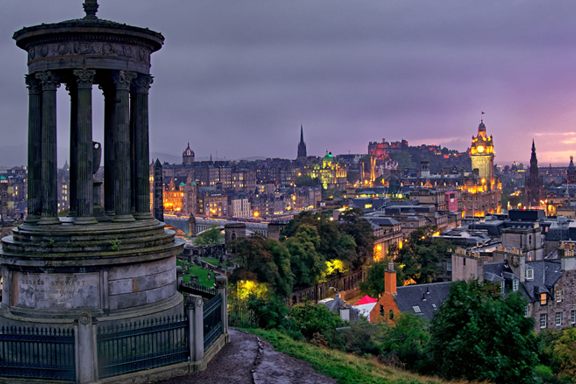 Calton Hill view over the city at dusk